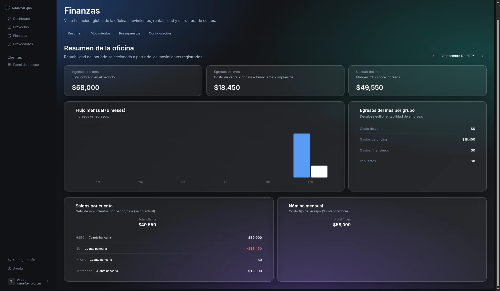 Vista de Finanzas en Arqos